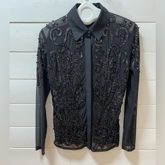 FRANK Lyman Design Collection Beaded Mesh Black Blouse - Size S - Picture 6 of 11